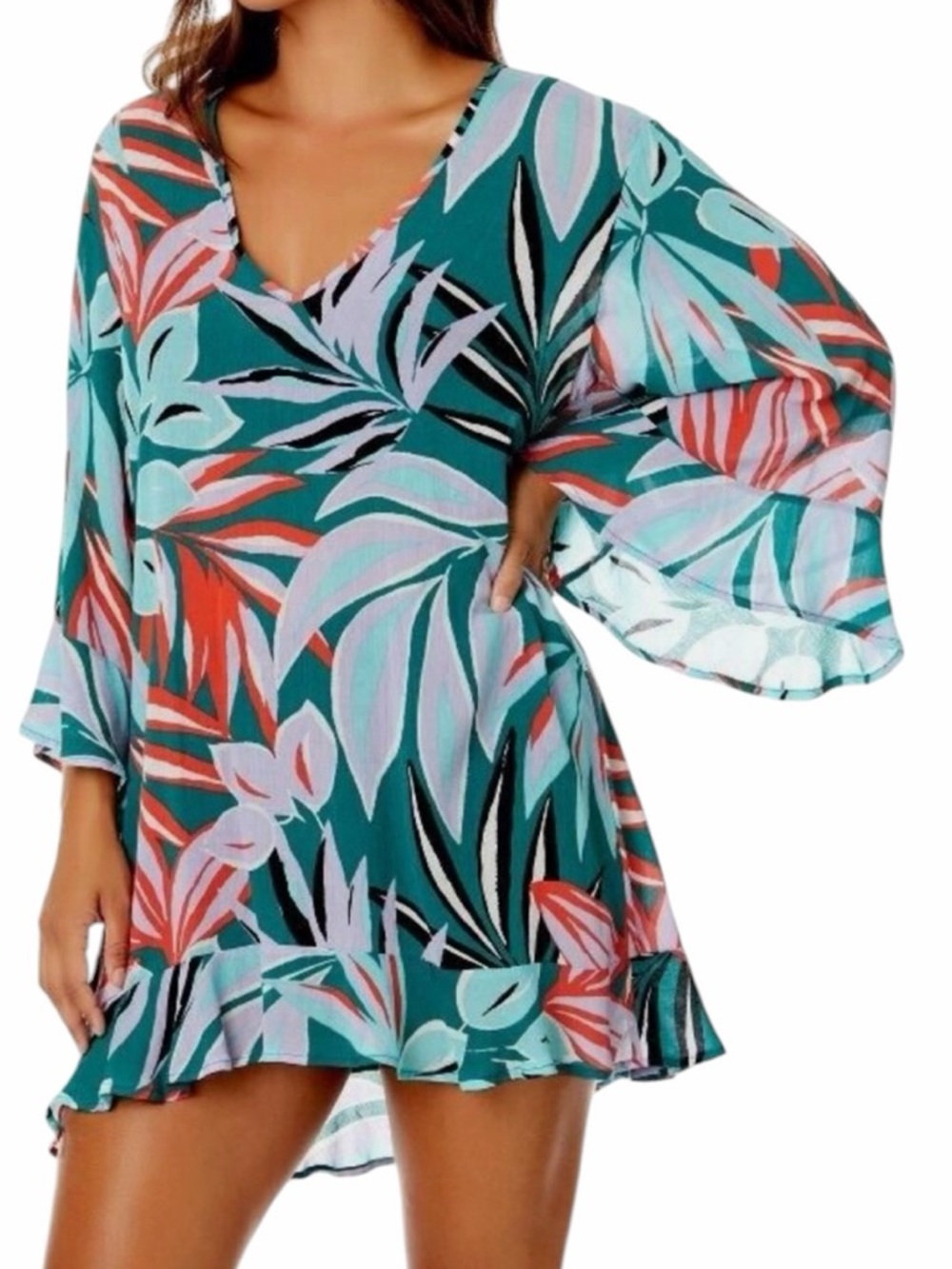 Anne Cole Tropical Leaf Print Teal/Oran (Zesty Tropical) Swim Cover-Up Tunic M/L